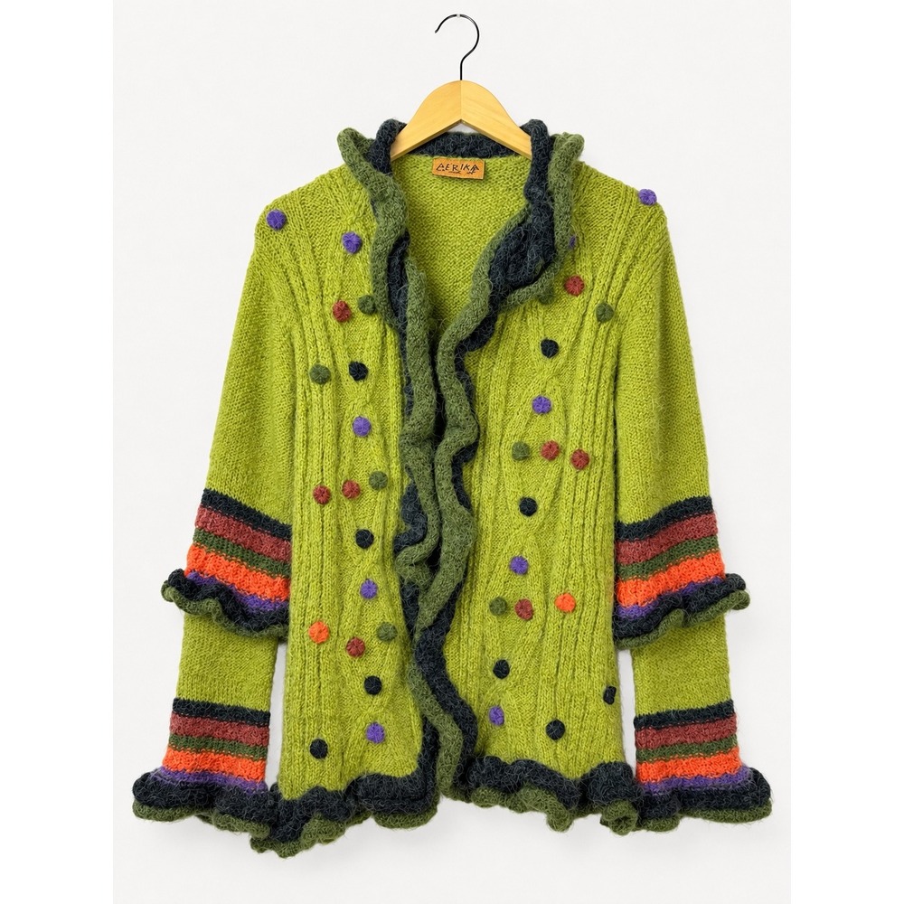 Aerika Peruvian Trading Co Artisan Boho Ruffle Cardigan Green Pom Pom Sweater M